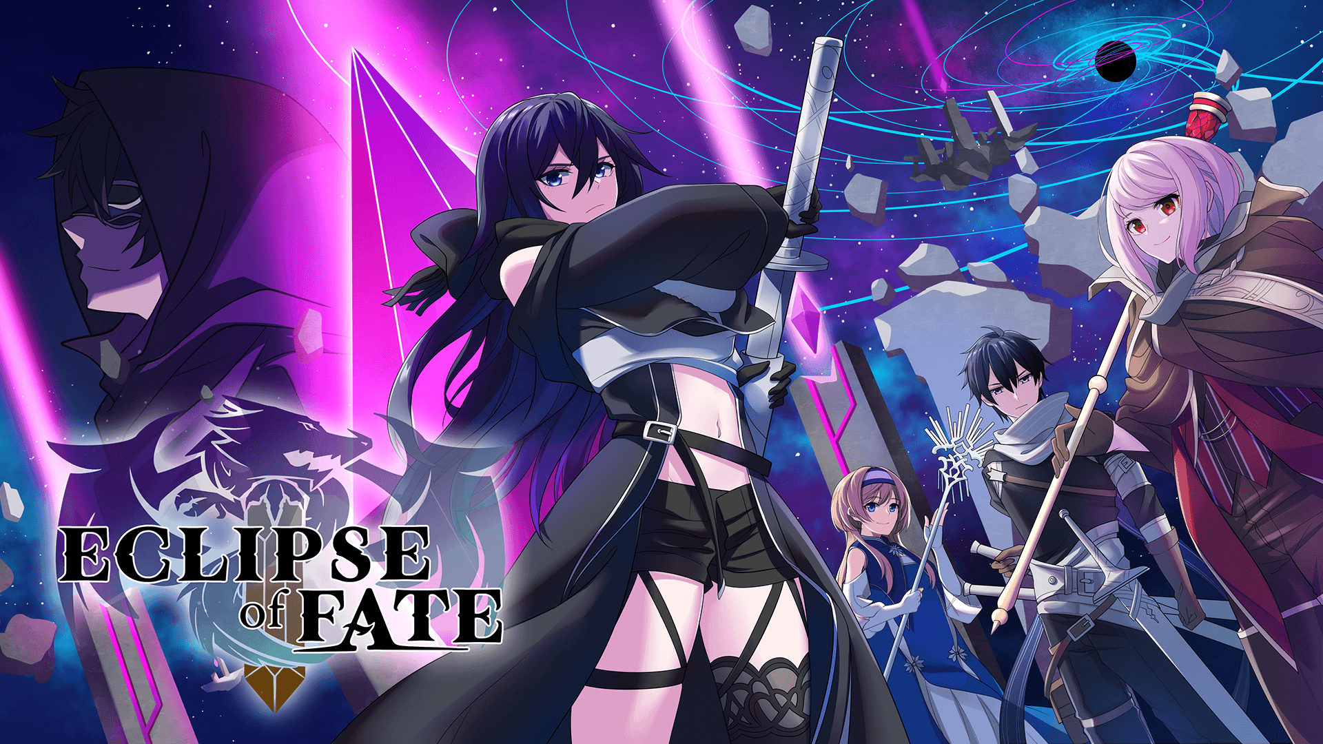 Eclipse of Fate cover art: a sword-wielding hero in dark purple tones beside a cloaked figure.