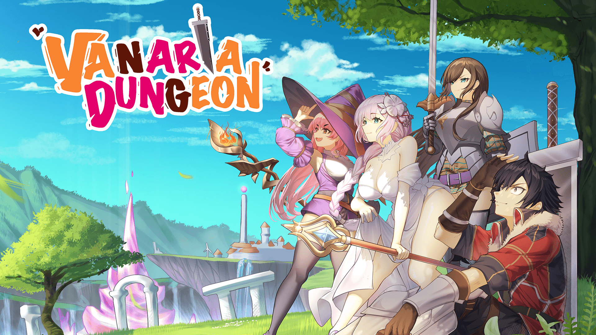Vanaria Dungeon cover art: a colorful party of adventurers in front of a fantasy town.